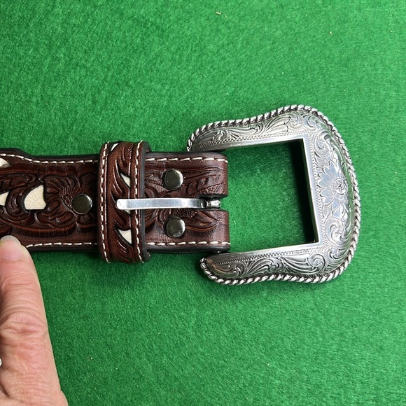 NOCONA BELT CO. LACING EMBOSSED FLORAL CONTRAST WESTERN MENS BELT SZ 32 - Picture 8 of 14